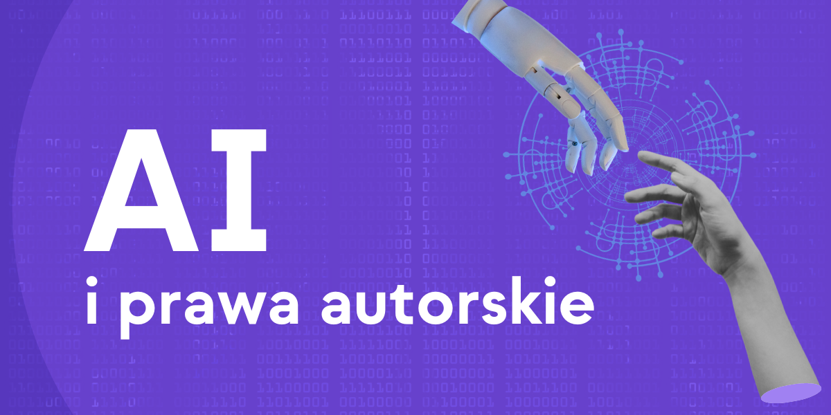 Banner do tekstu AI i prawa autorskie, biały napis na fioletowym tle