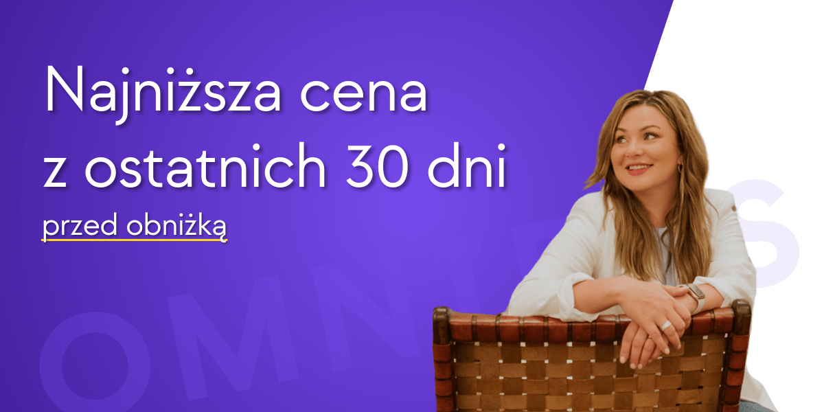 Banner do tekstu Najniższa cena z ostatnich 30 dni przed obniżką również przy usługach, biały napis na fioletowym tle