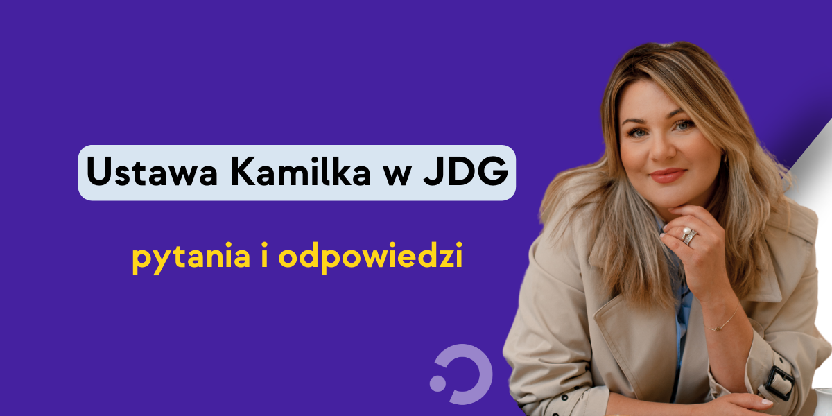 Zdjęcie Kasi Krzywickiej na fioletowym tle i napis Ustawa Kamilka w JDG pytania i odpowiedzi